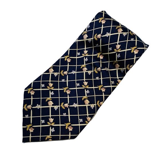 FREE LAND Dark Blue Checked & Floral Print 100% Silk Tie | 57" | Vintage, Men's - Picture 1 of 6